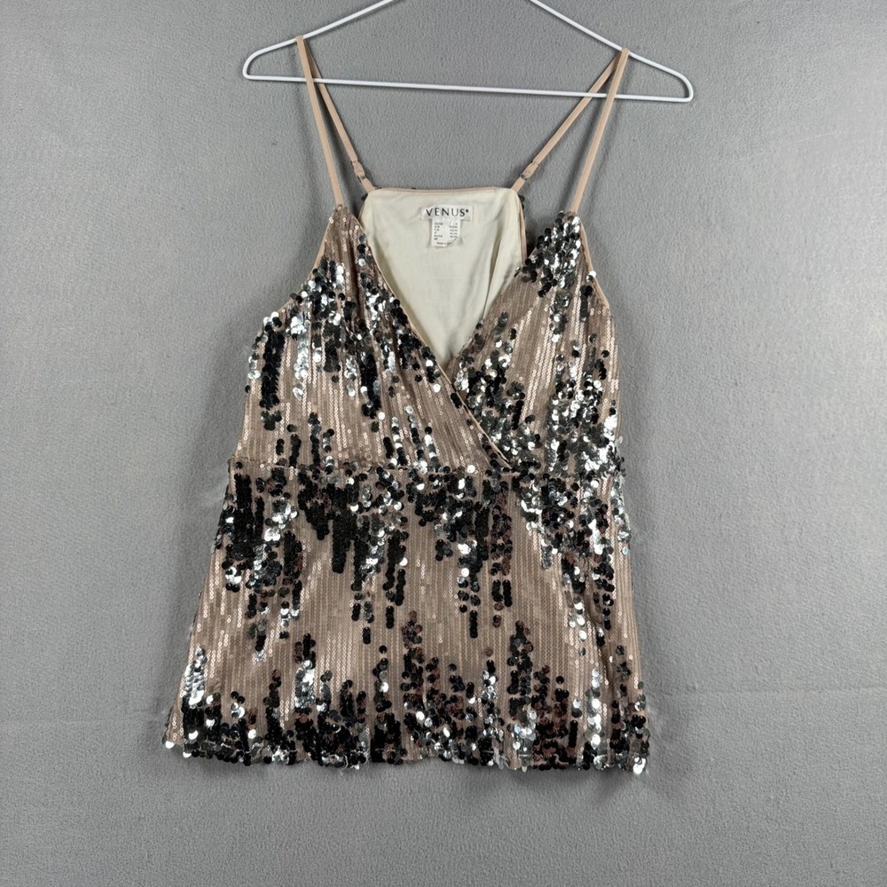 Venus 90s/Y2k  Womens Sequin Cami Top Silver Tan Metallic Wrap V-Neck Size M